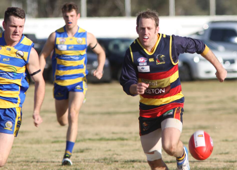 CHASE IS ON: Leeton-Whitton's Toby Conroy leads the race to the ball in Saturday's clash at Leeton Showground. Picture: Briana Bryon
