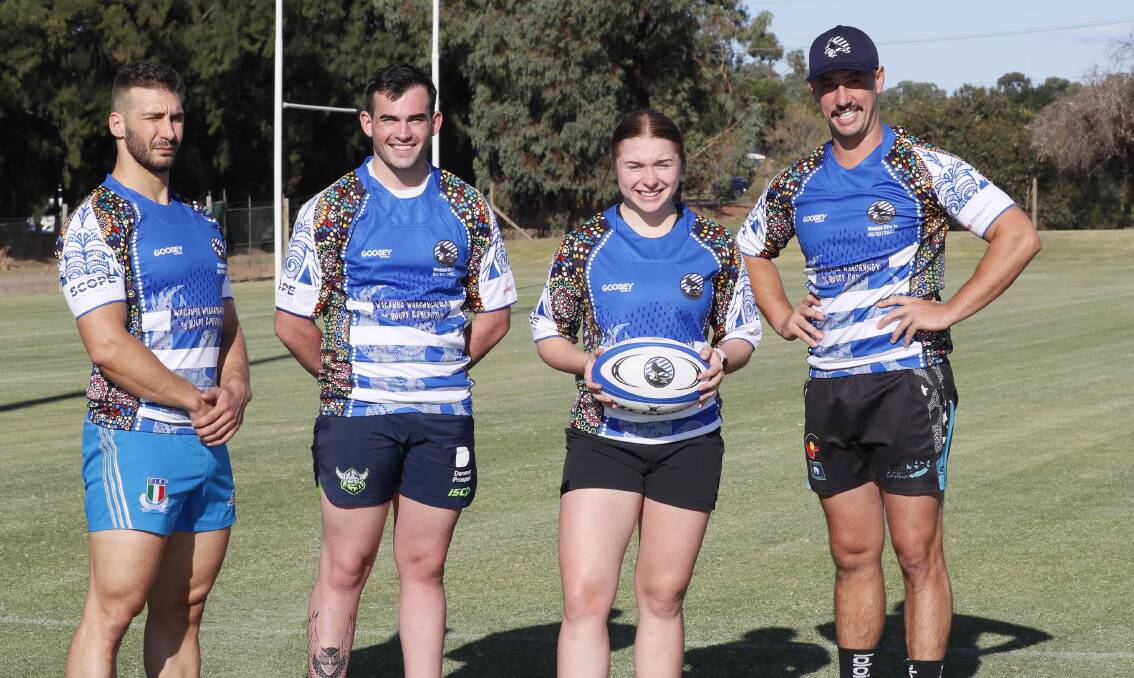 EXCITED: Wagga City players Alexas Fresta, Sam Trood, Chloe Holgate and coach James Beaufils are all geared up for Saturday's inaugural Waganha Waagangalang Sevens. Picture: Les Smith
