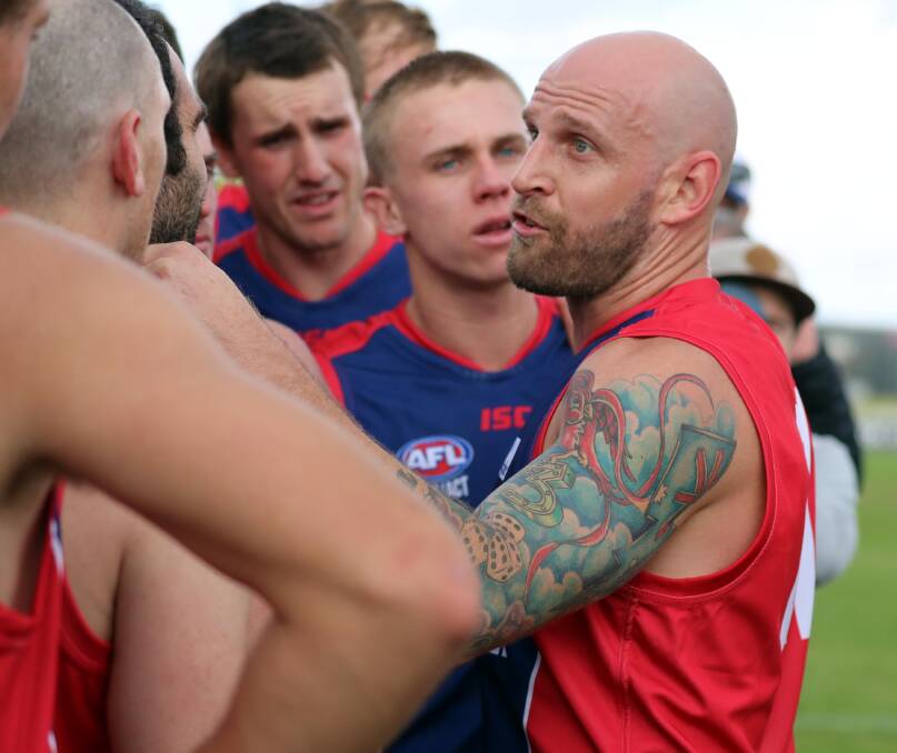 LAYING DOWN THE LAW: Griffith footballer Guy Orton addresses the Riverina League representative team at Robertson Oval on Saturday. Picture: Les Smith