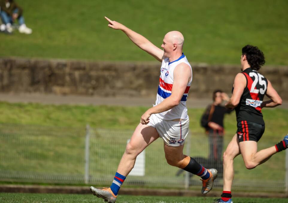 New Marrar signing Kieran Emery celebrates a goal for UNSW-Eastern Suburbs in AFL Sydney. Picture by AFL Sydney