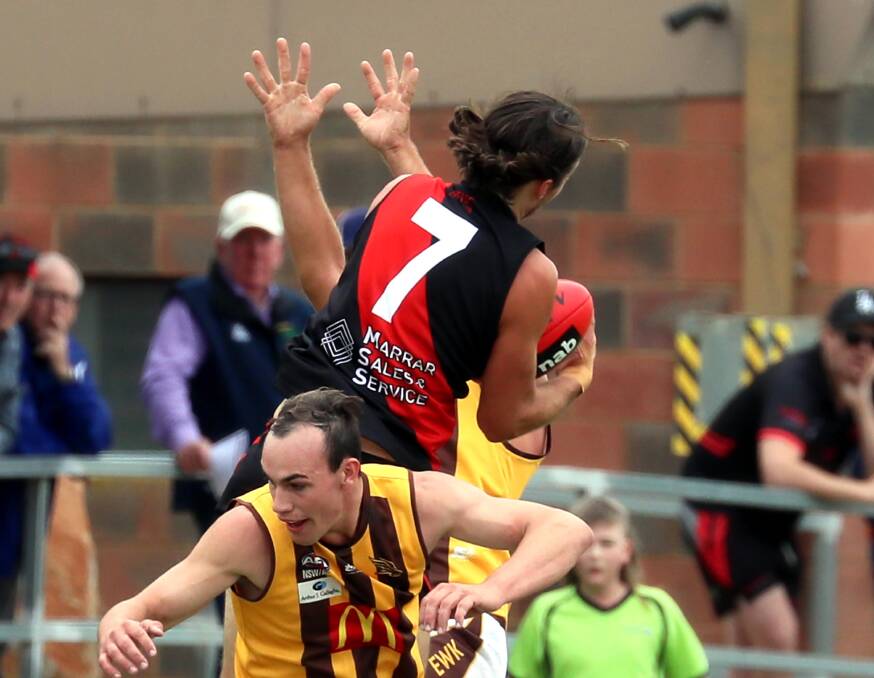Reid Gordon takes a big mark against East Wagga-Kooringal in the opening round. Picture: Les Smith