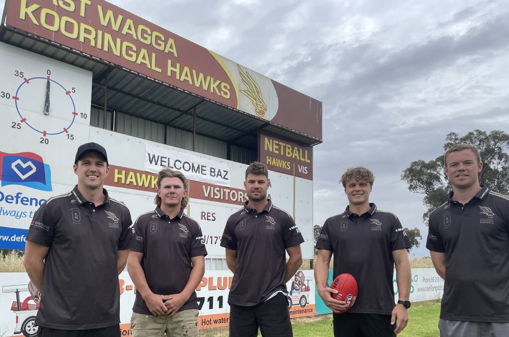 New East Wagga-Kooringal coach Jake Barrett with new recruits Jeremy Piercy, Luke Gerhard, Jerry Maslin and Dylan Morton at Gumly Oval. Picture by Matt Malone