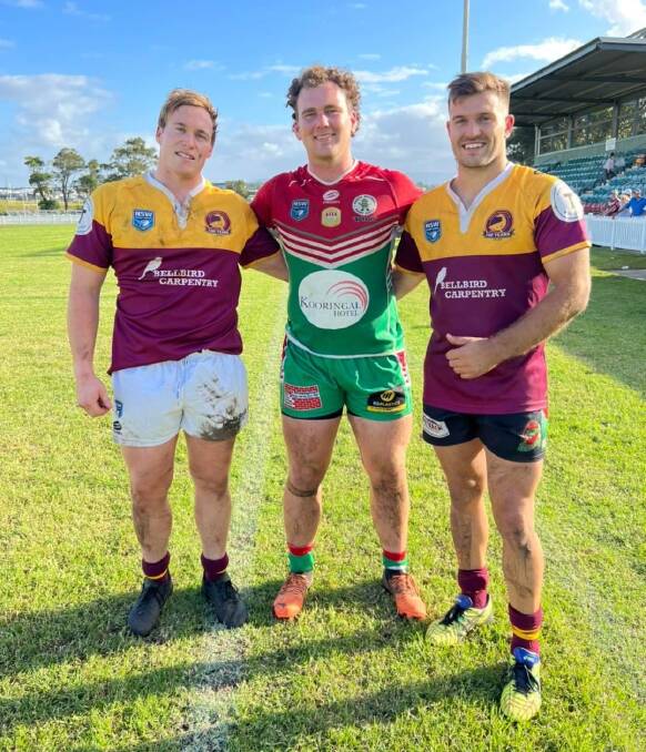 BROTHERS IN ARMS: Shellharbour's Nick Hay and Ed Ansell with Brothers co-coach James Hay after the trial game on Saturday. 