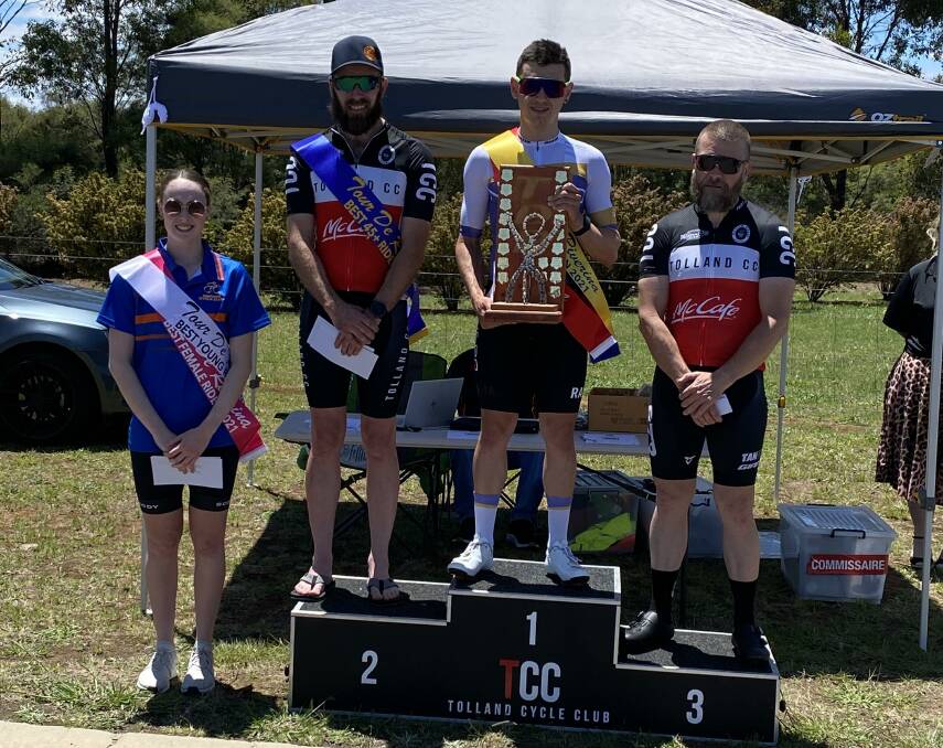 FINAL PODIUM: Leading woman Mia Stockwell with the Tour de Riverina overall placegetters Andrew Piffero, Myles Stewart and Dan Addison. Picture: Tolland CC