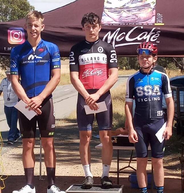 PODIUM FINISH: Tumut's Ethan Watt (middle) took out the opening stage of the Tour de Riverina last Sunday from Cobram's Archie Davis (left) and Wagga's Hunter Behnke.