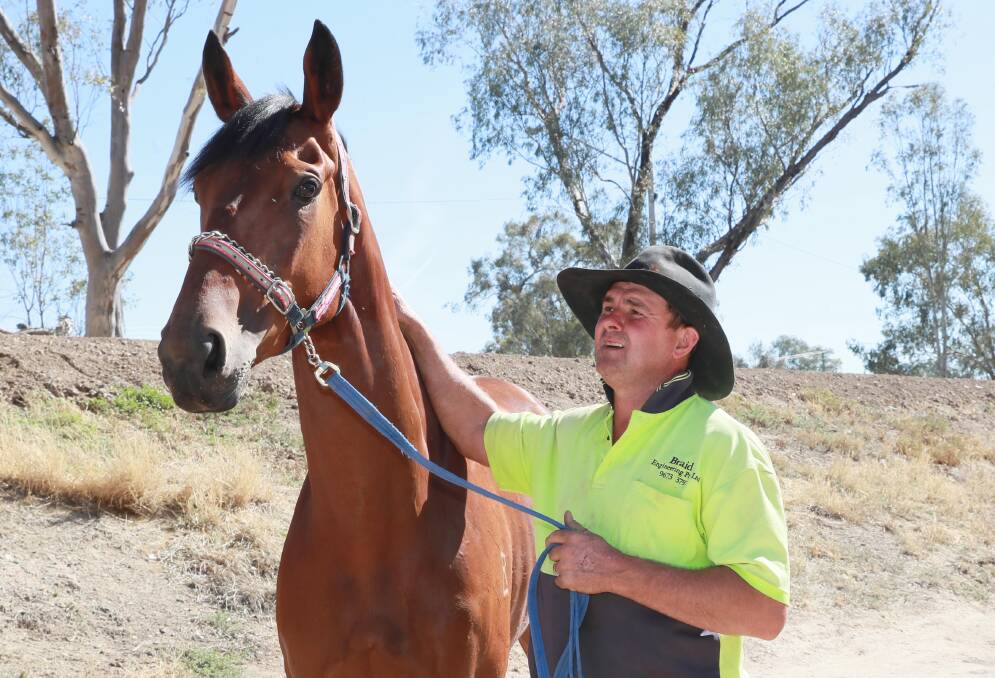 FLYING: Wagga trainer Trevor Sutherland with Azaryah at his stables on Wednesday after the mare won her third straight race on Tuesday. Picture: Les Smith