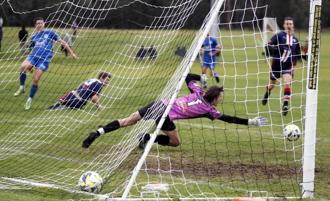 BIG SAVE: Henwood Park keeper Lachlan Manderson pulls off a save in the Pascoe Cup game against Hanwood at Rawlings Park on Sunday. Picture: Les Smith