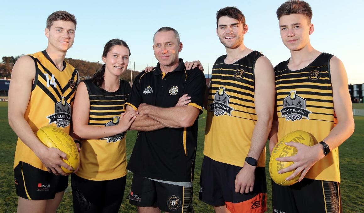 The Kelly gang ahead of the Riverina League grand final. Jackson, Eliza, Paul, Ben and Harry. Picture: Les Smith