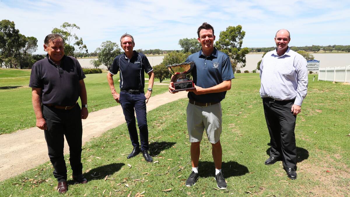 WE'RE BACK: Wagga Pro-Am chairman Ashley Briggs, major sponsor Geoff Crouch, Wagga Country Club professional James Purcell and club secretary-manager John Turner on Monday. Picture: Emma Hillier