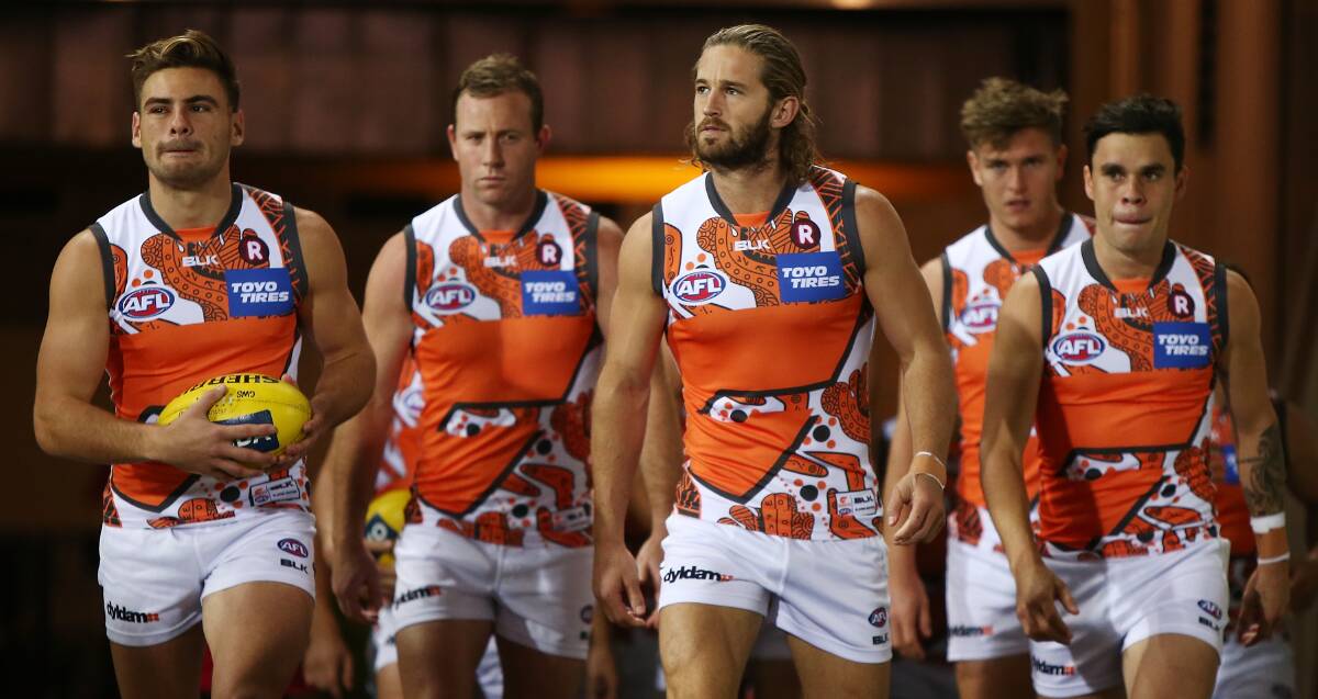 HERE WE COME: Narrandera's Zac Williams (right) with Giants teammates Stephen Coniglio, Steve Johnson and Callum Ward. Picture: Getty Images 