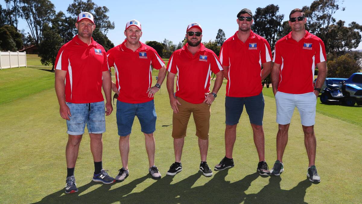 Michael Henderson, Jarrod Maher, Ben Howard, Trent Waterhouse and Bryan Norrie at the Pillars of Strength charity golf day on Friday at Wagga Country Club. Picture: Emma Hillier