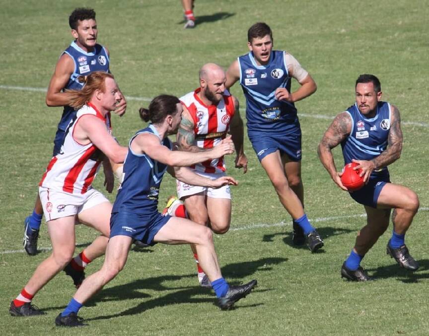 BIG GAME: Shaun Ellis (right) was in brilliant form for Barellan on Saturday with a six-goal haul against Northern Jets. Picture: Barellan FNC
