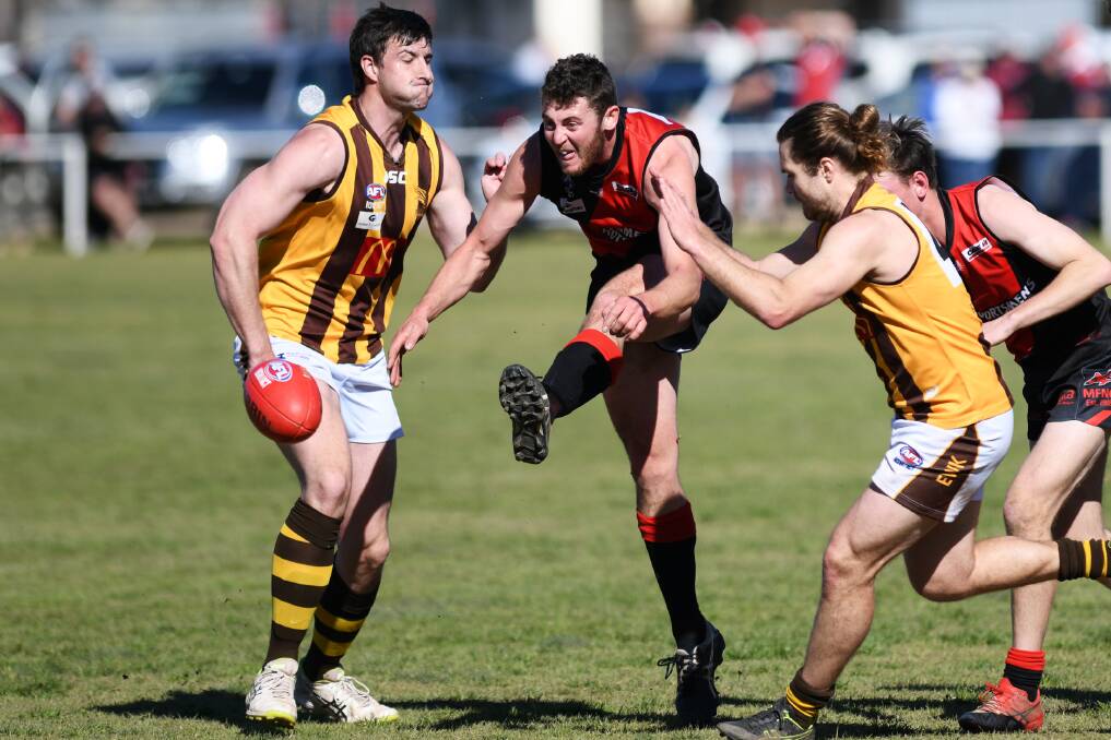 BIG YEAR: Marrar ruckman Nick Molkentin gets a kick away in the qualifying final loss to East Wagga-Kooringal at McPherson Oval last month. 