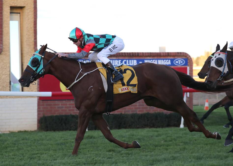 PREVIOUS SUCCESS: Fermanagh Lad, ridden by Blaike McDoudall, wins at the Wagga Gold Cup carnival back in 2018. Picture: Les Smith