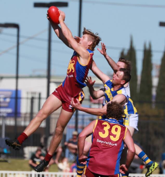HIGH FLYER: Nick Murray in action for Ganmain-Grong Grong-Matong in the AFL Riverina Championship elimination final against Mangoplah-Cookardinia United-Eastlakes. Picture: Les Smith