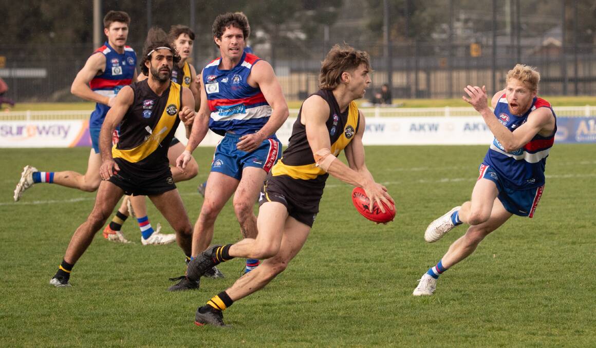Jackson Kelly in action for his home club Wagga Tigers this season against Turvey Park at Robertson Oval. Kelly is off to Albury Tigers next season. Picture by Madeline Begley