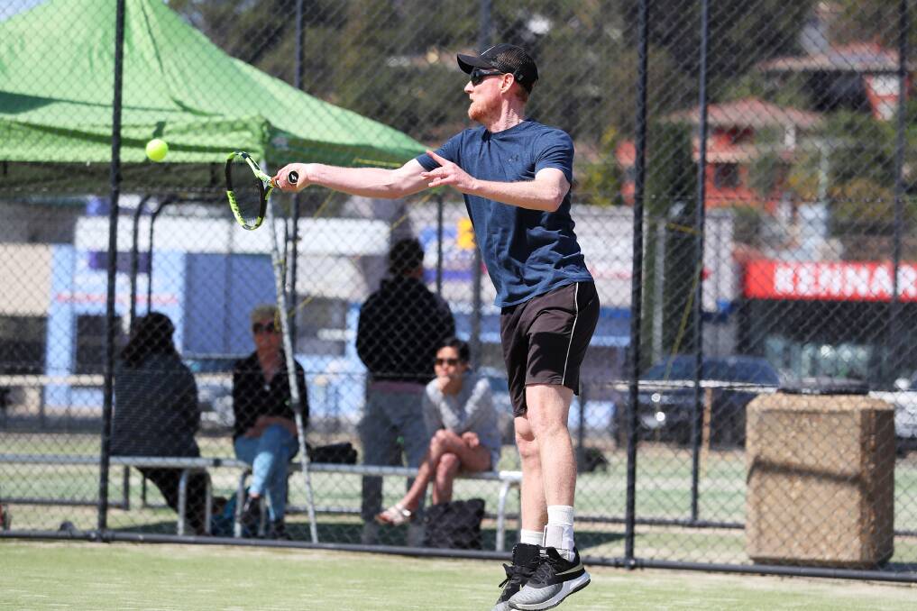 STRONG: Griffith's Daniel Dossetor lets a forehand rip in the men's final of the Riverina Open at Jim Elphick Tennis Centre on Monday. Picture: Emma Hillier
