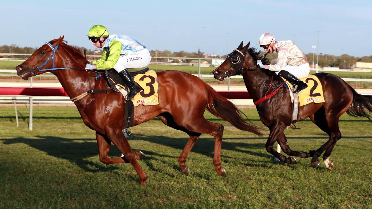 PRIMED: Front Page races away from Blitzar to win the barrier trial at Wagga on Saturday. Picture: Les Smith