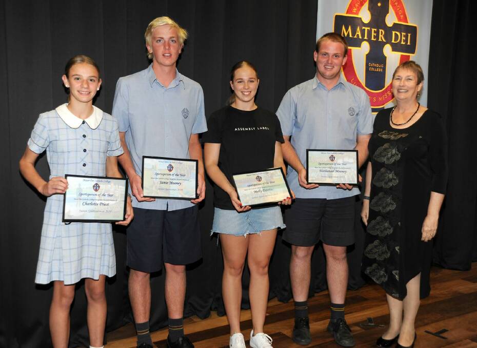 TOP HONOUR: Mater Dei Catholic College's sportspeople of the year; Charlotte Priest, Jamie Mooney, Molly Devries, Nathanael Mooney with principal Val Thomas.