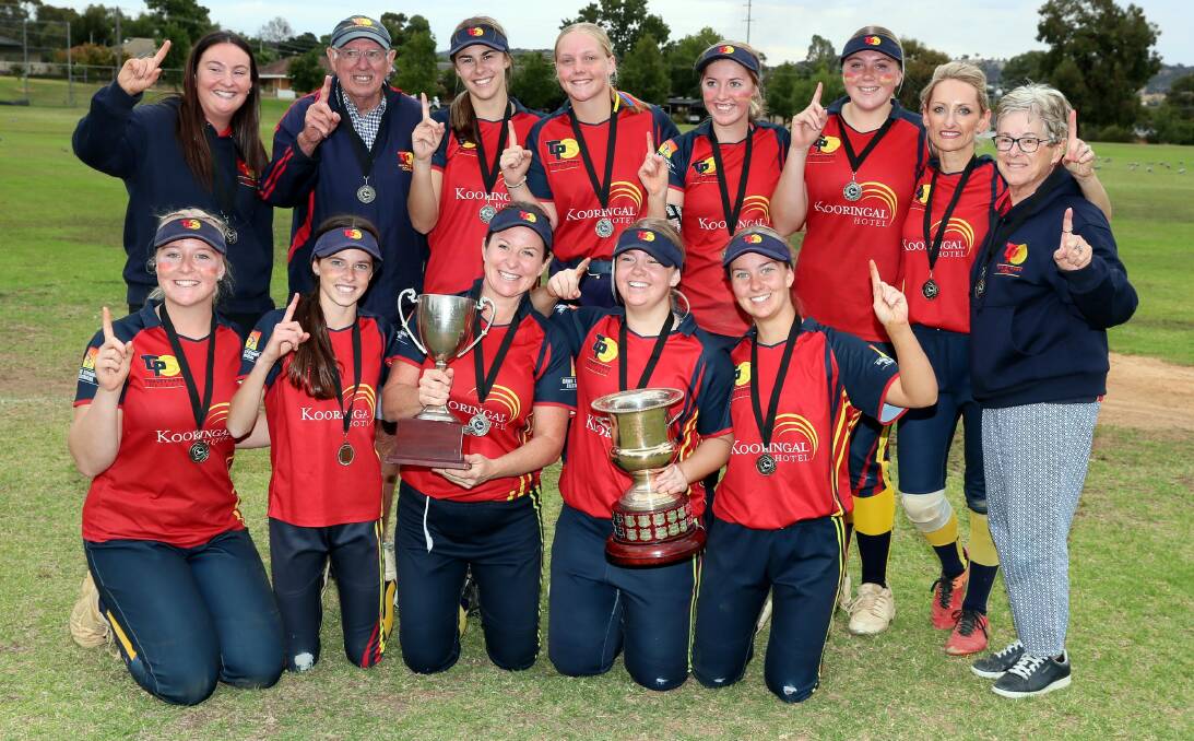 CHAMPIONS: Turvey Park Red celebrate their 1-0 win over South Wagga Warriors in the A grade softball grand final at French Fields on Saturday evening. Picture: Les Smith