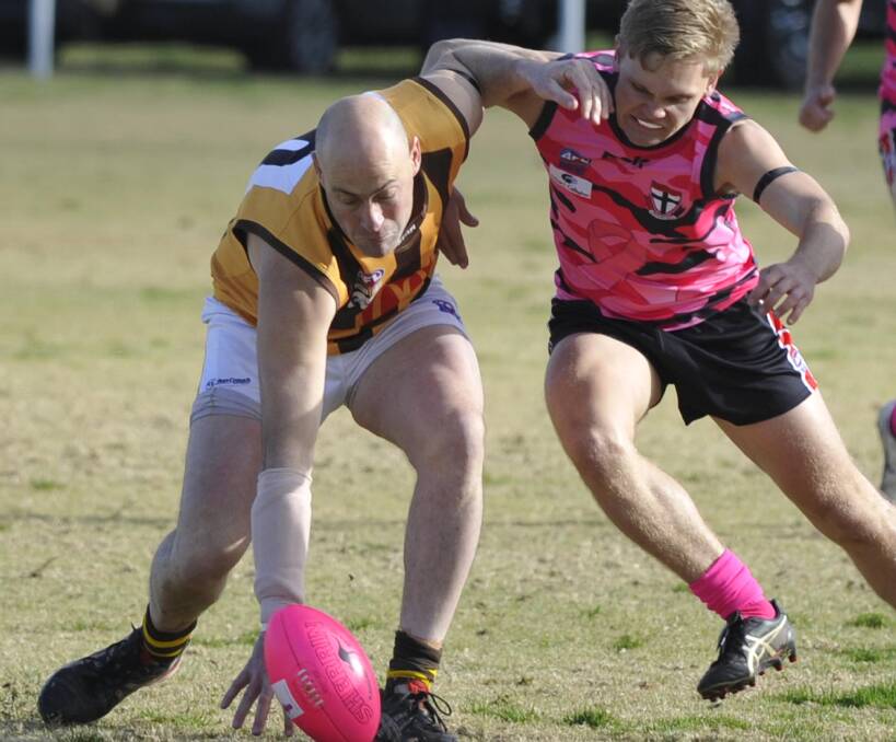 ALL OVER: East Wagga-Kooringal veteran Chris Jackson competes with North Wagga's Brayden Skeers earlier in the year. Jackson has decided this season will be his last. Picture: Les Smith