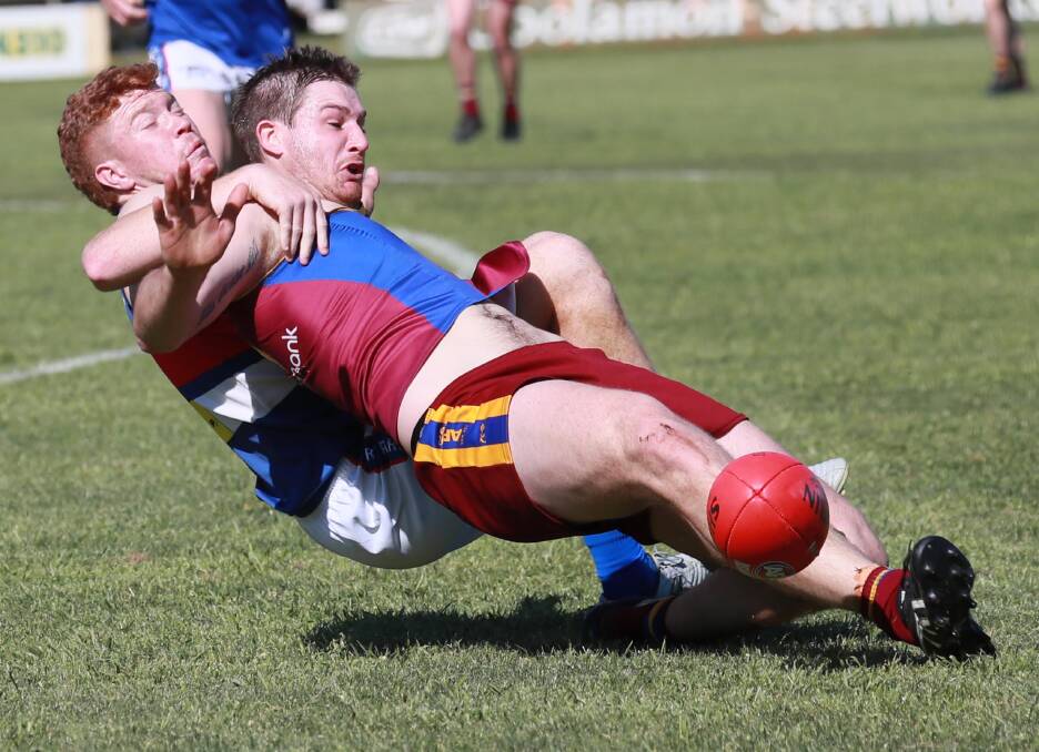 STRONG YEAR: Turvey Park best and fairest winner Jackson Weidemann tackles GGGM's Jacob Olsson during the season. Picture: Les Smith