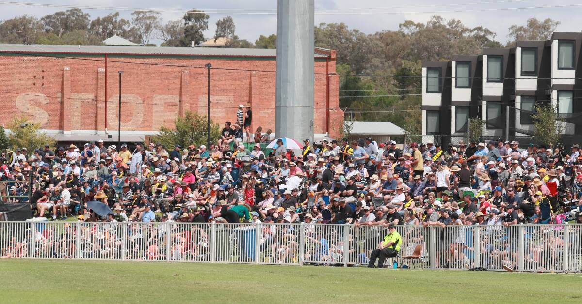 PACKED HOUSE: A portion of the crowd for this year's AFL pre-season game between Richmond and GWS Giants at Robertson Oval. The AFL Riverina Championship grand final will also be held at the venue. Picture: Les Smith