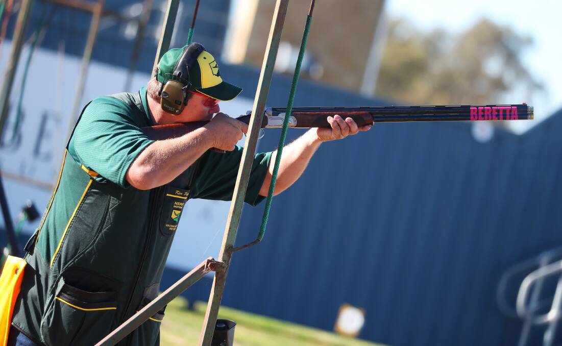 ON TARGET: Ken Purvis sets his sights on the target during the NSW Clay Target Association (NSWCTA) State Sporting Clays Carnival in Wagga on Sunday. Picture: Emma Hillier
