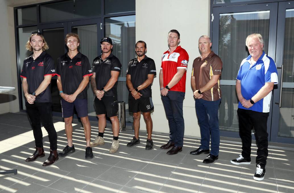 READY TO GO: Marrar's Zach Walgers and Jack Reynolds, The Rock-Yerong Creek co-coaches Brad Aiken and Heath Russell, CSU's Travis Cohalan, East Wagga-Kooringal's Matt Hard and Temora's Russell Humphries at the AFL Riverina season launch at The Rules Club on Wednesday. Picture: Les Smith