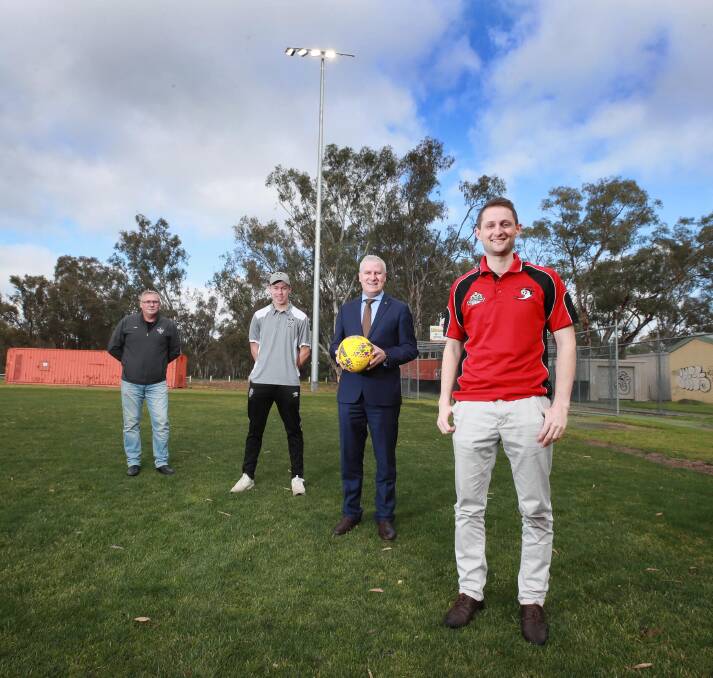 EXCITING TIMES: Football Wagga's Tim Barter, Kyle Yeates, Member for Riverina Michael McCormack and Lake Albert coach Mitchell Tinnock at Rawlings Park on Friday. Picture: Les Smith