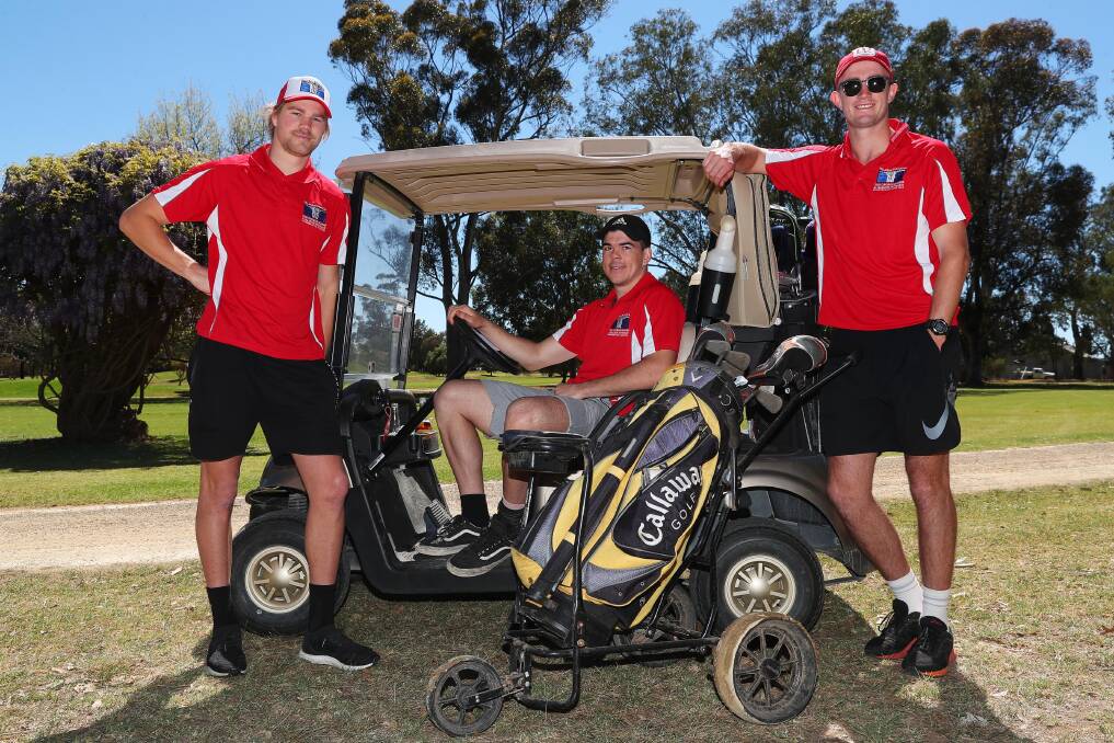 HOME SWEET HOME: Harry Himmelberg, Matt Kennedy and Dougal Howard enjoy a round of golf at the 
George Maher and Hamish Howard Remembrance Golf Day at Wagga Country Club. Picture: Emma Hillier