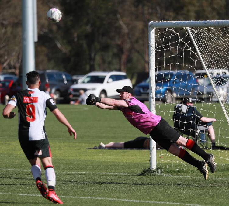 STILL GOT IT: Henwood Park goal keeper Nathan Trinder in action during last year's major semi-final against Leeton United. Picture: Les Smith