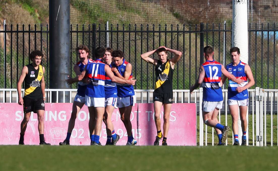 UNCERTAIN TIMES: Turvey Park celebrate a goal in their win over
Wagga Tigers at Robertson Oval on Saturday. Picture: Emma Hillier