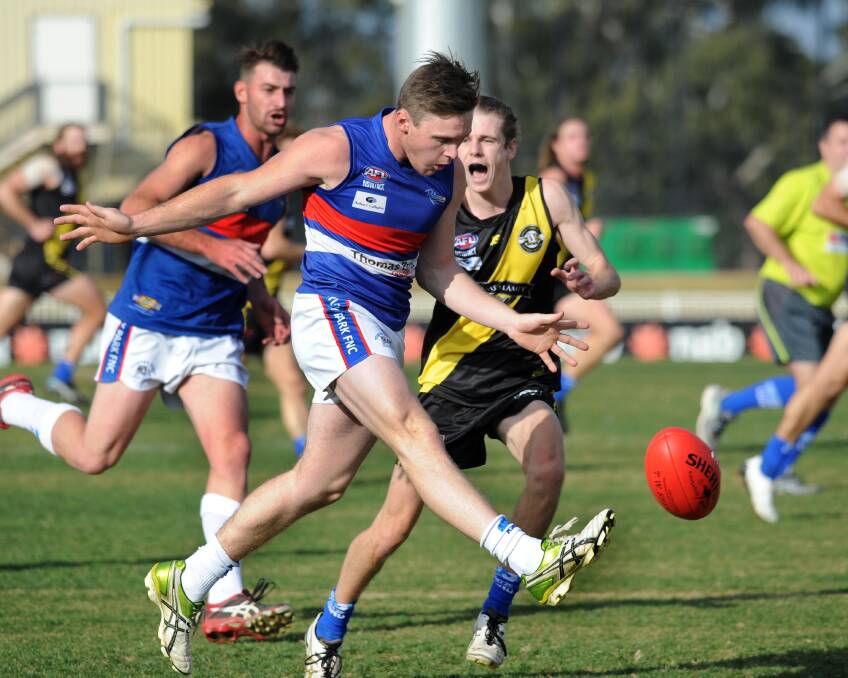 ON THE ATTACK: Turvey Park's Ethan Andrews sends the ball forward against Wagga Tigers at Robertson Oval on Saturday. Picture: Laura Hardwick