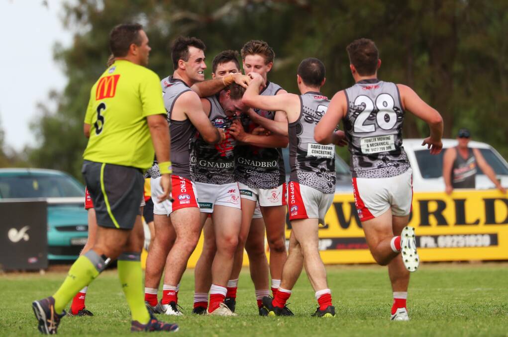 Collingullie-Glenfield Park celebrate a goal in round one. Picture: Emma Hillier