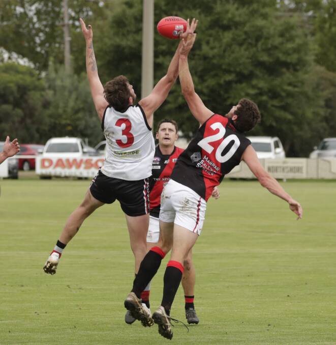 Matt Parks and Nick Molkentin battle it out in the ruck battle during round two at McPherson Oval earlier in the year. Picture: Madeline Begley