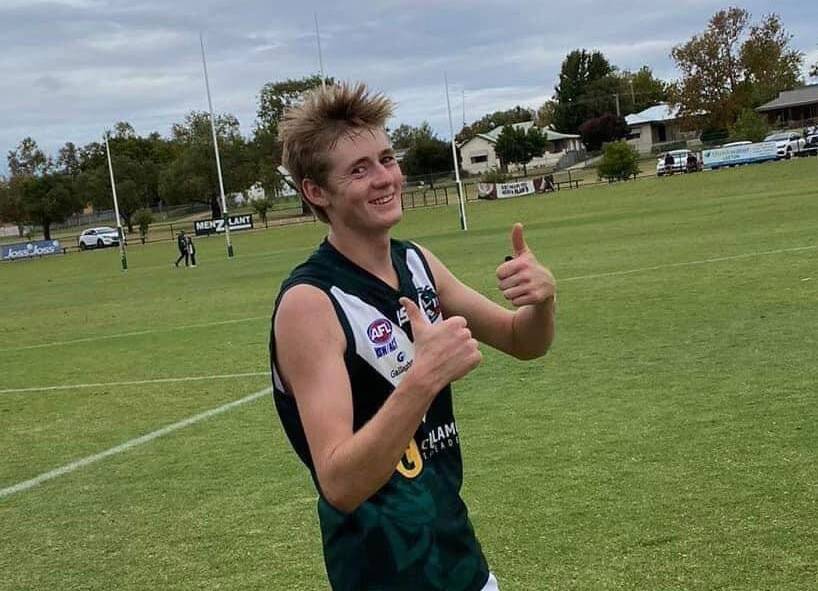 THUMBS UP: Hugh Wakefield kicked four goals in his senior debut for Coolamon against Narrandera on Saturday.