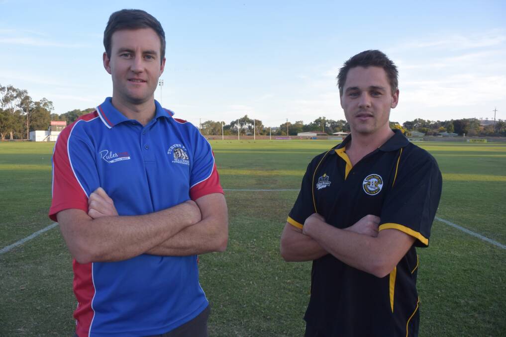 BRING IT ON: Turvey Park captain Matt Bailey
faces off with Wagga Tigers counterpart Nick
Ryan at Maher Oval on Wednesday ahead of
their Good Friday showdown. Picture: Matt Malone