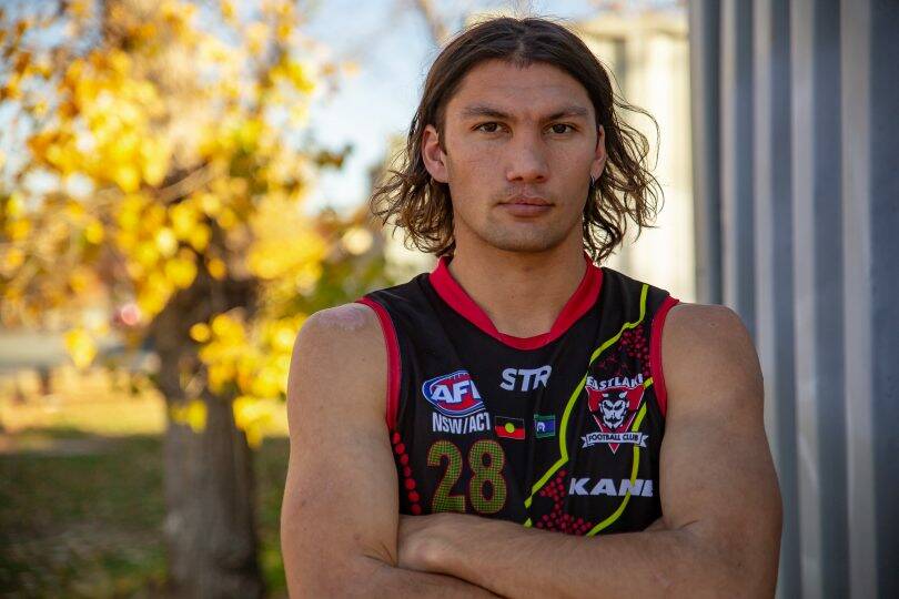 NEW RECRUIT: The Rock-Yerong Creek new recruit Liam Lupton in an Eastlakes indigenous jumper he designed. Picture: George Tsotsos