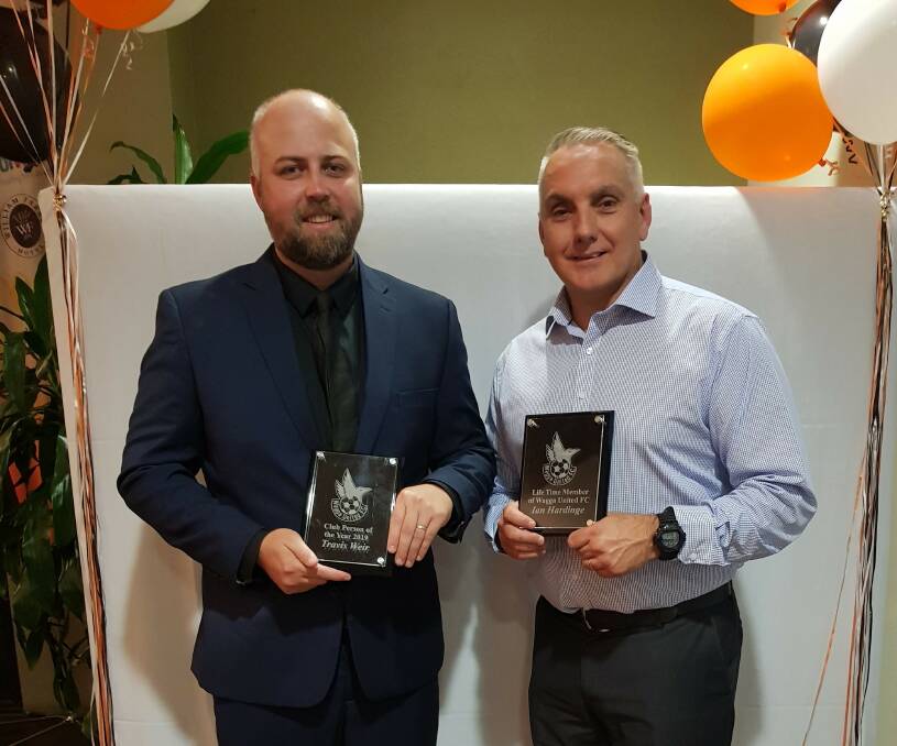 RECOGNITION: Wagga United coach Travis Weir and president Ian Hardinge with their awards. 