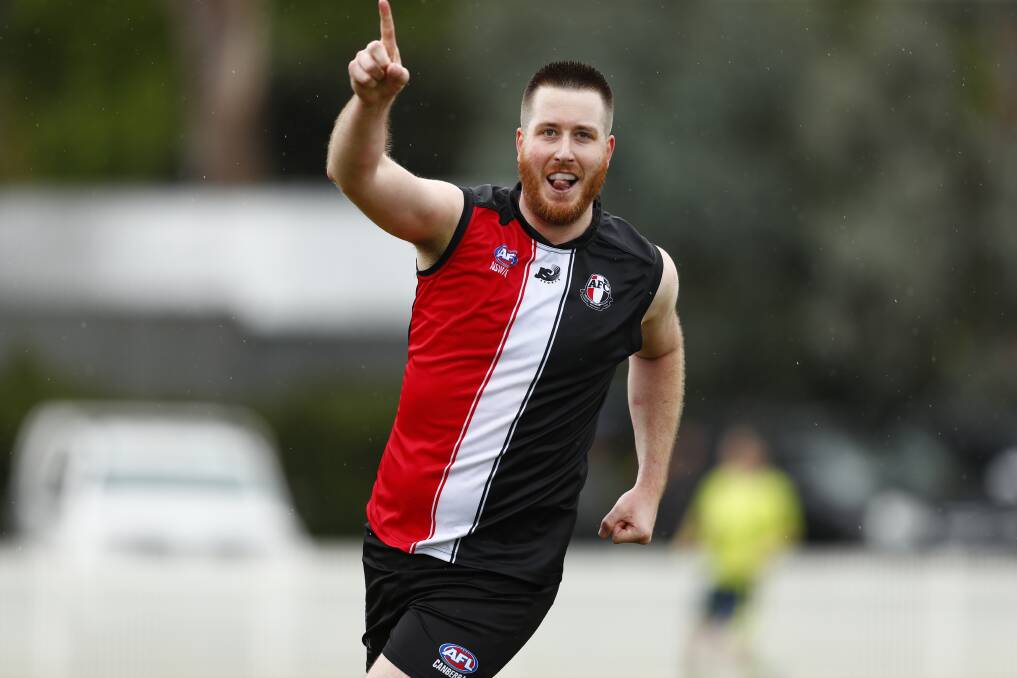 Hayden Armstrong celebrates a goal for Ainslie this year in the AFL Canberra competition. Armstrong will return to Osborne next season. Picture by Keegan Carroll