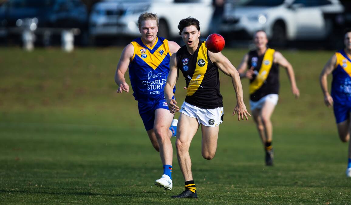 Jack Powell (left) in action for Narrandera against Wagga Tigers during last year's Riverina League season. Picture by Ash Smith