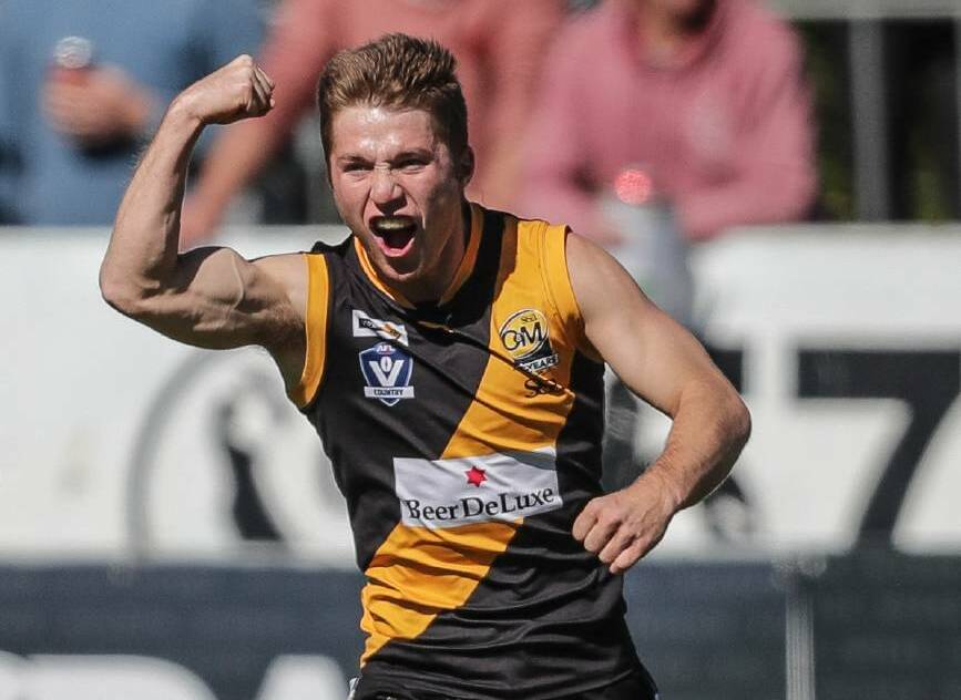 Jake Gaynor celebrates a goal for Albury Tigers. Picture: The Border Mail