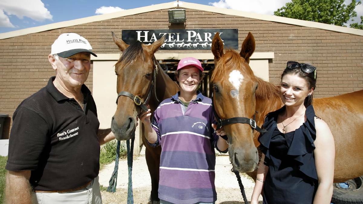 THREE GENERATIONS: Donna Scott (middle) with her father Graham Hulm and daughter Danielle Scott at their Hazel Park stables. Picture: The Border Mail
