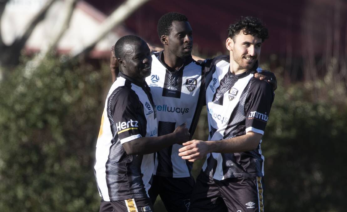 FULL-STRENGTH: Wagga City Wanderers key men Jacob Ochieng, Morris Kadzola and Nashwan Sulaiman will all be looking to back up their efforts from last Saturday when they take on Weston Molonglo on Saturday. Picture: Madeline Begley