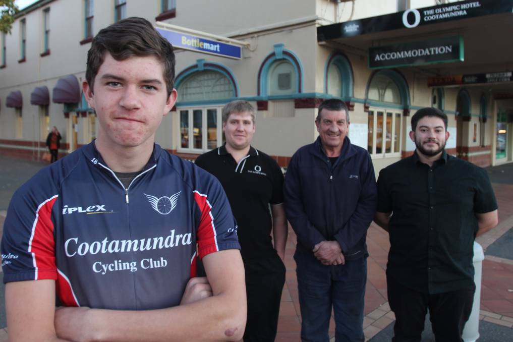 WINNER: Teenage Cootamundra cyclist Jack Douglas (front) with with cycling club sponsors Ben Phillips from the Olympic Hotel (second, left) and Big O Bottleshop's Brian Vanek (right) and club president Mark Loiterton. 