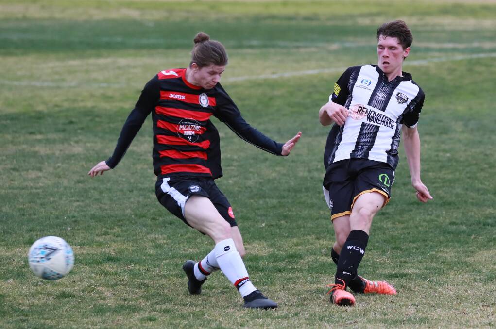 OUT: Luke Stevens in action for Wagga City Wanderers earlier this season. The talented young striker will miss Sunday's grand final due to suspension. Picture: Les Smith