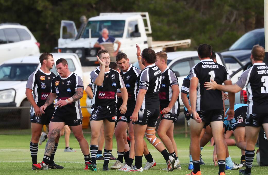 Forbes Magpies celebrate a try at the last West Wyalong Knockout in 2020. Picture by Emma Hillier
