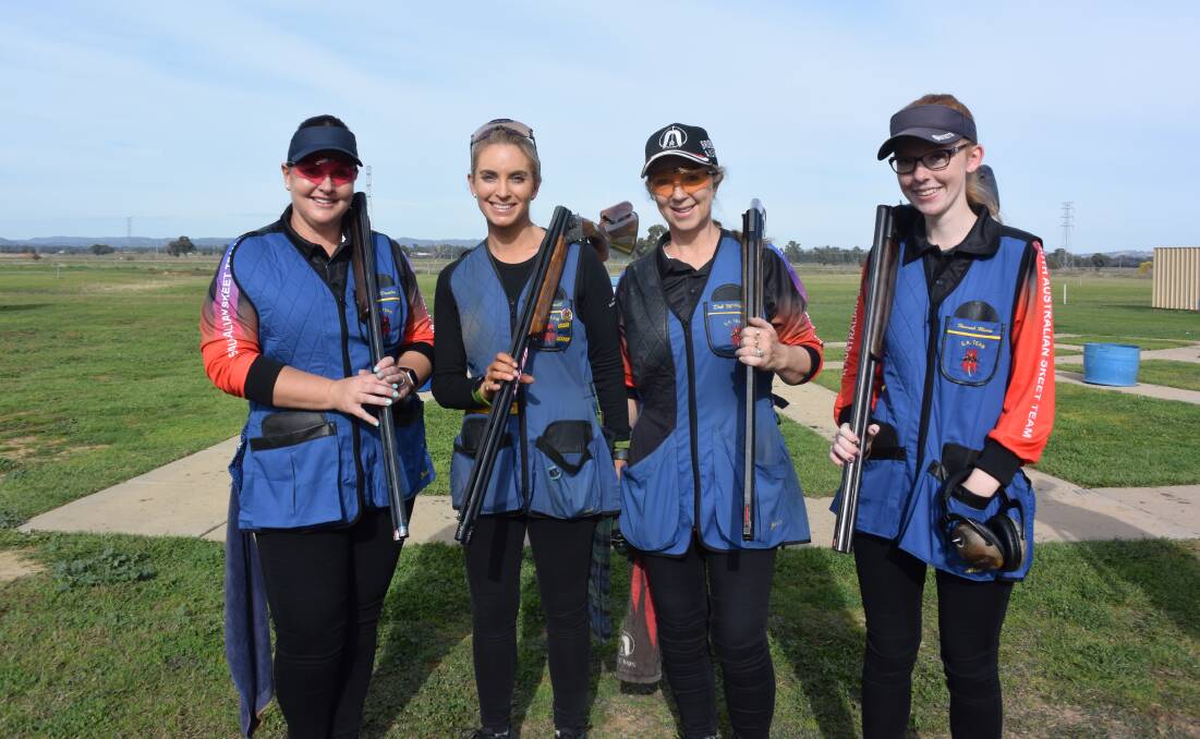 ALL SMILES: Members of the South Australian team, Janette Densley, Liz Rymill, Deb McPherson and Hannah Munro enjoy the national skeet titles in Wagga on Tuesday. Picture: Matt Malone