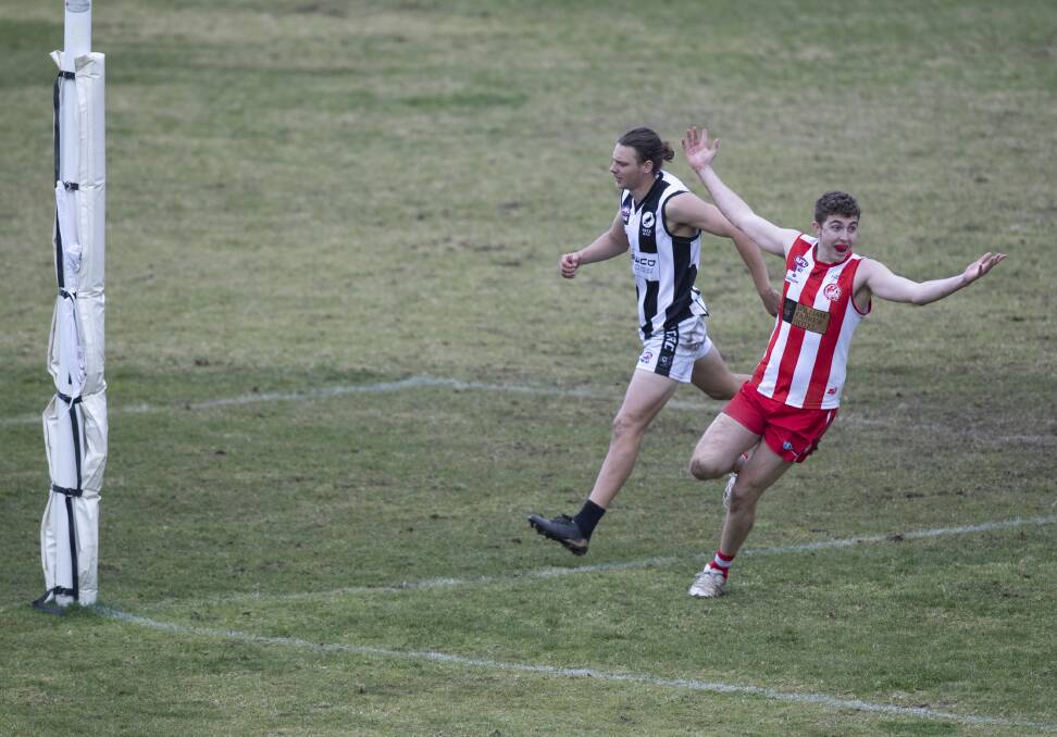 PARTY TIME: Charles Sturt University's Jacob Collingridge celebrates his fourth goal in the win over The Rock-Yerong Creek at Peter Hastie Oval on Saturday. Picture: Madeline Begley